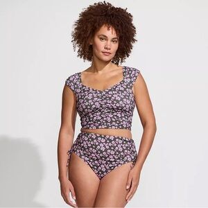 Lands' End Olive Green Pansy Floral Bikini Top